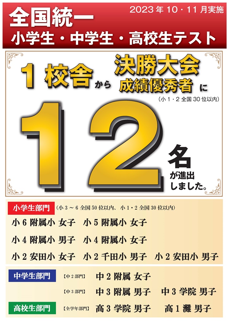 全国統一小学生テスト2023 11月結果 | 広島の学習塾・進学塾・個別