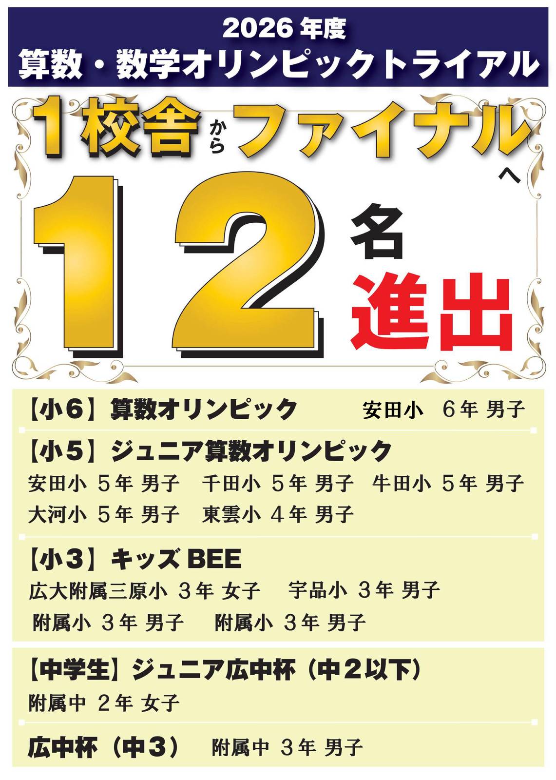 算数オリンピック 金メダル ファイナル大会 | 広島の学習塾・進学塾・個別指導|大木スクール
